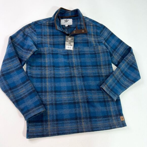 John Wayne Wooly  Fleece Sweater Mens Small Blue Quarter Snap Button Plaid New - Picture 1 of 11